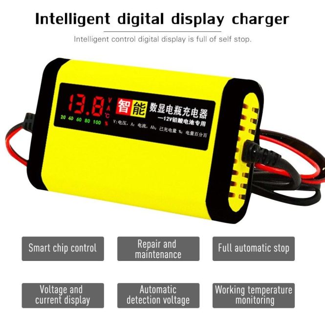 Car Charger | 12V 2A Car Motorcycle  Charger Full Automatic 3 Stages Lead Acid AGM GEL Intelligent LCD Display au Yellow Car Charger Car Charger