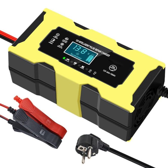 Car Charger | 12V / 6A Automatic Intelligent Battery Charger Maintainer with LCD Display eu Yellow Car Charger Car Charger