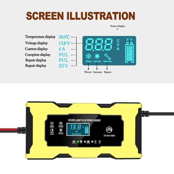 Car Charger | 12V / 6A Automatic Intelligent Battery Charger Maintainer with LCD Display eu Yellow Car Charger Car Charger