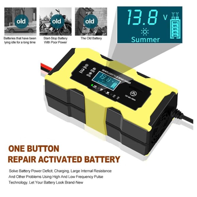 Car Charger | 12V / 6A Automatic Intelligent Battery Charger Maintainer with LCD Display eu Yellow Car Charger Car Charger