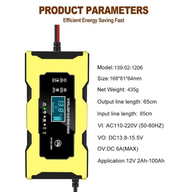 Car Charger | 12V / 6A Automatic Intelligent Battery Charger Maintainer with LCD Display eu Yellow Car Charger Car Charger