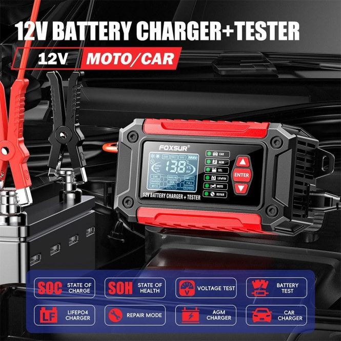 Car Charger | 2 in 1 Car Battery Chargers and Tester 12V/6A Intelligent Pulse Repairing Charge Device eu Red Car Charger Car Charger