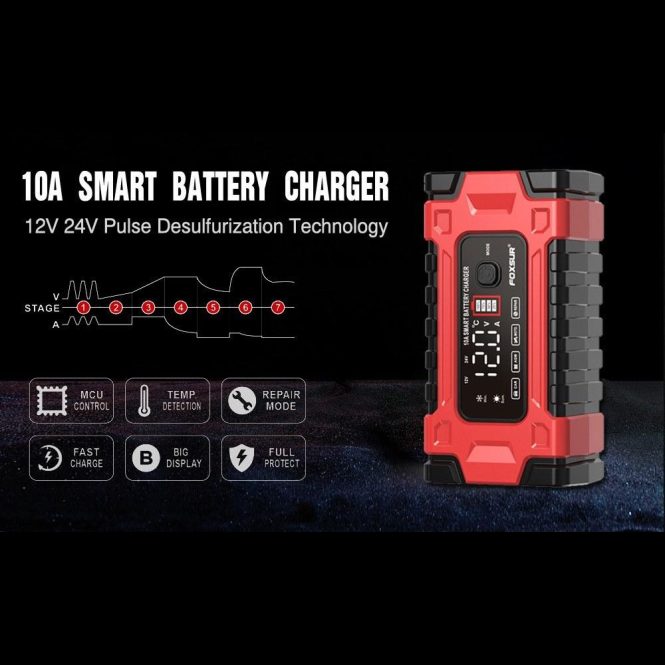 Car Charger | Automatic Battery Chargers 12V/10A 24V/5A Intelligent Pulse Repairing Charge Device eu Black + Red Car Charger Black + Red