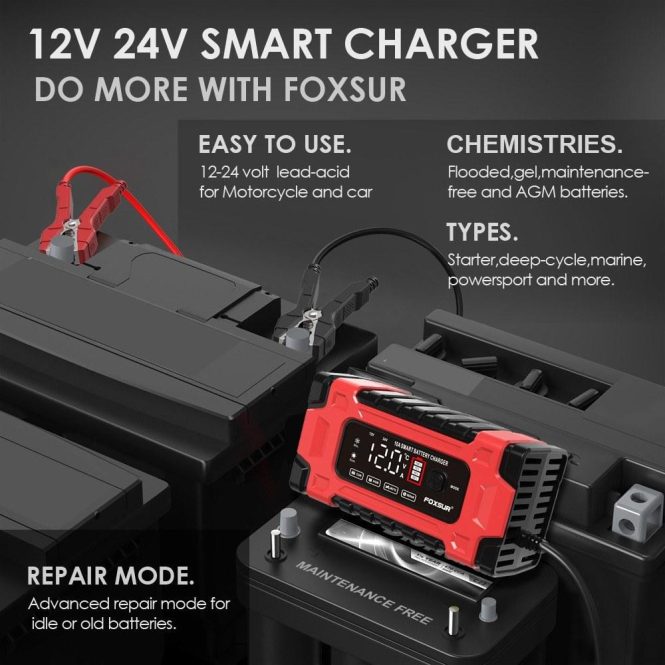 Car Charger | Automatic Battery Chargers 12V/10A 24V/5A Intelligent Pulse Repairing Charge Device eu Black + Red Car Charger Black + Red