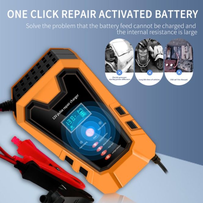 Car Charger | Car Battery Charger 12V 6A Pluse Repair Charger with Intelligent Digital Display for Car Truck Motorcycle Lead Acid Batteries eu Orange Car Charger Car Charger