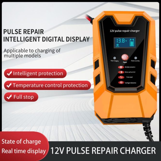 Car Charger | Car Battery Charger 12V 6A Pluse Repair Charger with Intelligent Digital Display for Car Truck Motorcycle Lead Acid Batteries eu Orange Car Charger Car Charger