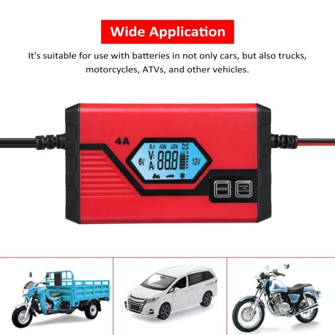 Car Charger | Car Battery Charger 4 Amp 6V/12V Fully Automatic Battery Charger with LCD Screen Battery Maintainer for Car Truck Motorcycle ATV Red Car Charger Car Charger