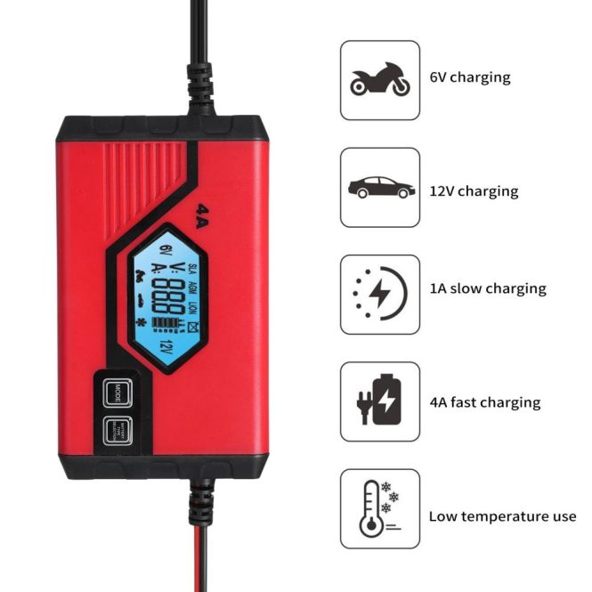 Car Charger | Car Battery Charger 4 Amp 6V/12V Fully Automatic Battery Charger with LCD Screen Battery Maintainer for Car Truck Motorcycle ATV Red Car Charger Car Charger