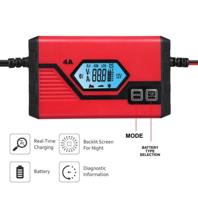 Car Charger | Car Battery Charger 4 Amp 6V/12V Fully Automatic Battery Charger with LCD Screen Battery Maintainer for Car Truck Motorcycle ATV Red Car Charger Car Charger