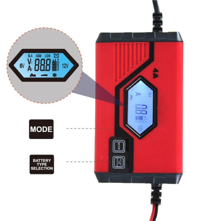 Car Charger | Car Battery Charger 4 Amp 6V/12V Fully Automatic Battery Charger with LCD Screen Battery Maintainer for Car Truck Motorcycle ATV Red Car Charger Car Charger