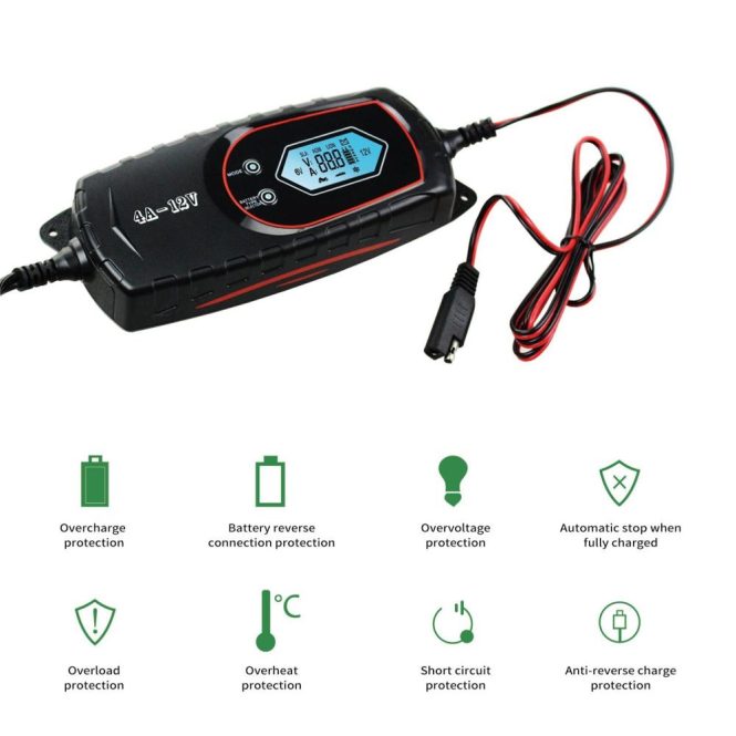 Car Charger | Car Battery Charger 4 Amp 6V/12V Fully Automatic Battery Charger with LCD Screen Intelligent Battery Maintainer for Car Boat Motorcycle ATV Black Car Charger Black