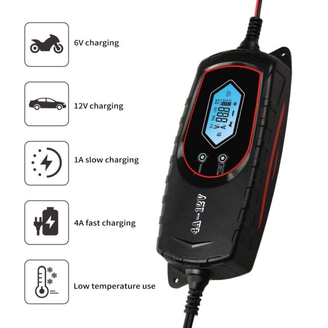 Car Charger | Car Battery Charger 4 Amp 6V/12V Fully Automatic Battery Charger with LCD Screen Intelligent Battery Maintainer for Car Boat Motorcycle ATV Black Car Charger Black