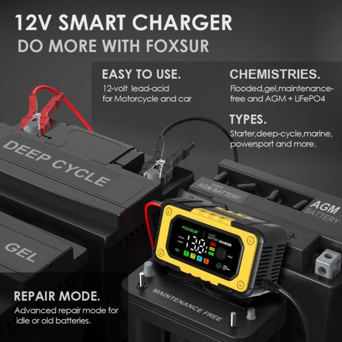 Car Charger | Car Battery Charger Smart Battery Charger with Large Colorful Display Multiple Protection for 12V Car SUV RV Motorcycle Truck us Yellow Car Charger Car Charger