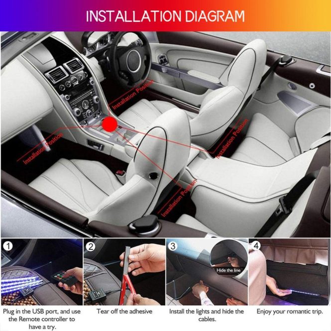 Car Cigarette Lighter | Car LED Strip Light, 4pcs 36 LED DC 12V Multicolor Music Car Interior Light LED Under Dash Lighting Kit with Sound Active Function & Wireless Remote Control Black Car Cigarette Lighter Black