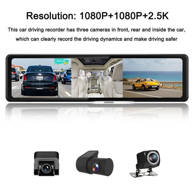 Car DVR | 3 Cameras Dash Cam 12in 2.5K Clear Car Rearview Mirror BT Car Video Recording Camcorder Black Car Black