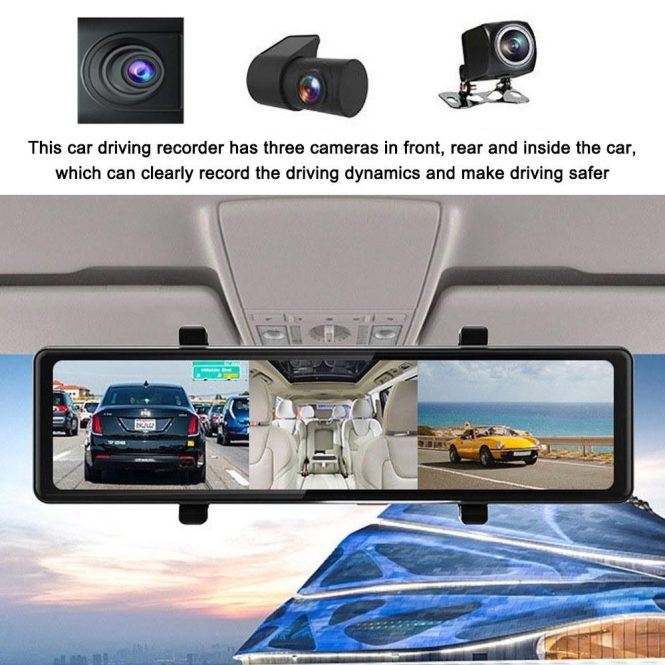 Car DVR | 3 Cameras Dash Cam 12in 2.5K Clear Car Rearview Mirror BT Car Video Recording Camcorder Black Car Black