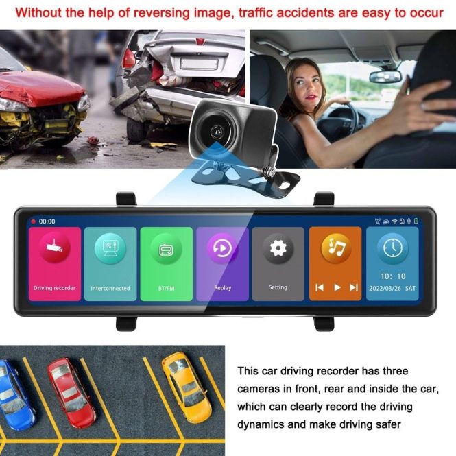 Car DVR | 3 Cameras Dash Cam 12in 2.5K Clear Car Rearview Mirror BT Car Video Recording Camcorder Black Car Black