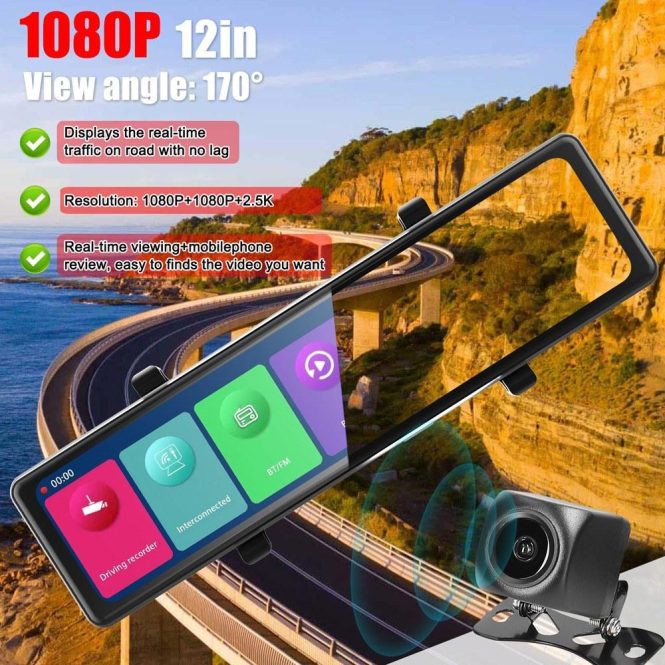 Car DVR | 3 Cameras Dash Cam 12in 2.5K Clear Car Rearview Mirror BT Car Video Recording Camcorder Black Car Black