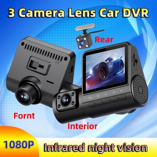 Car DVR | 3 Cameras Dash Cam 2in Clear Car Rearview Mirror Car Video Recording Camcorder Black Car Black