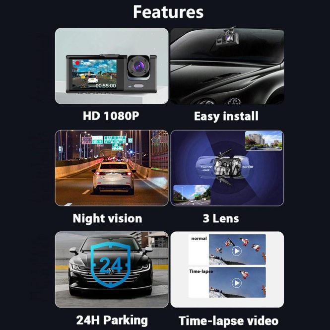 Car DVR | 3 Cameras Dash Cam Multi-Language Clear Car Rearview Mirror Car Video Recording Camcorder Black Car Black