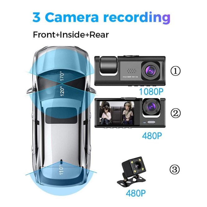 Car DVR | 3 Cameras Dash Cam Multi-Language Clear Car Rearview Mirror Car Video Recording Camcorder Black Car Black