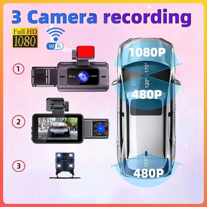 Car DVR | 3 Cameras Dash Cam Parking Monitoring Clear Car Rearview Mirror Black Car Black