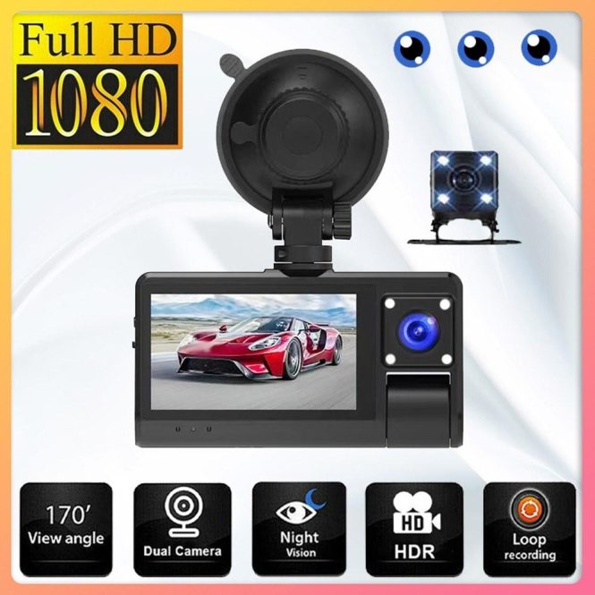 Car DVR | 3 Cameras Dash Cam Touched Screen Clear Car Rearview Mirror Black Car Black