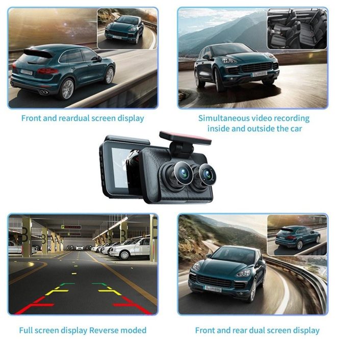 Car DVR | Dash Cam Front and Rear Inside 3 Cameras 1080+720+480P 4in Car Rearview Mirror Black Car Black