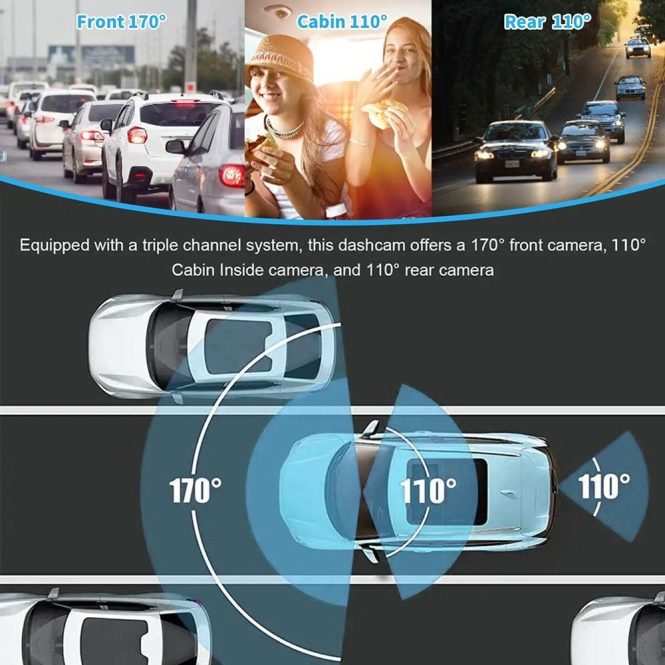 Car DVR | Dash Cam Front and Rear Inside 3 Cameras 1080+720+480P 4in Car Rearview Mirror Black Car Black