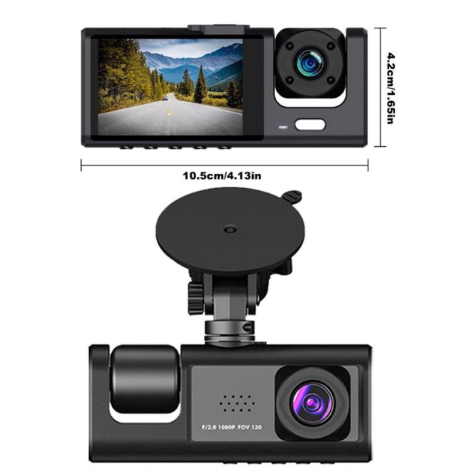 Car DVR | Dash Cam Front and Rear Inside 3 Cameras 1080P+720P+480p Black Car Black