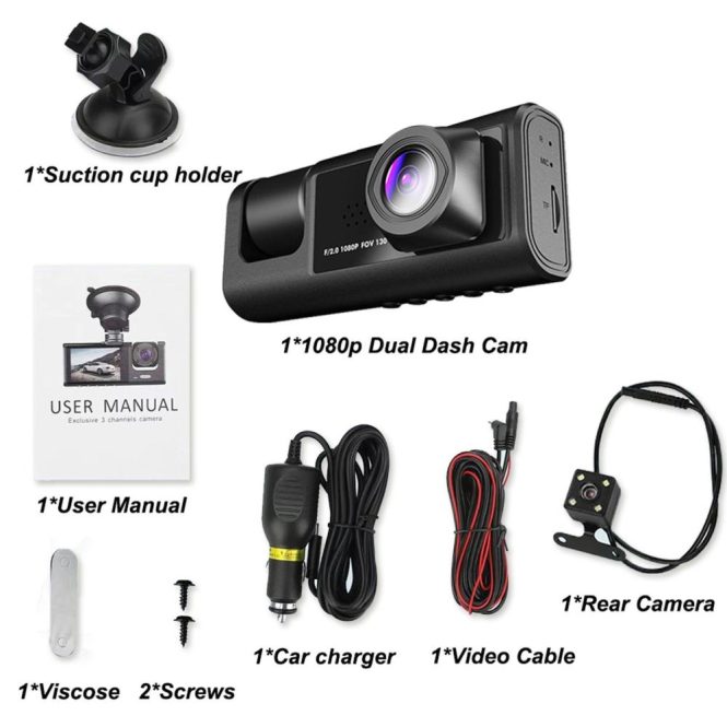 Car DVR | Dash Cam Front and Rear Inside 3 Cameras 1080P+720P+480p Black Car Black