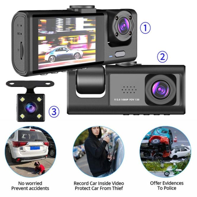 Car DVR | Dash Cam Front and Rear Inside 3 Cameras 1080P+720P+480p Black Car Black