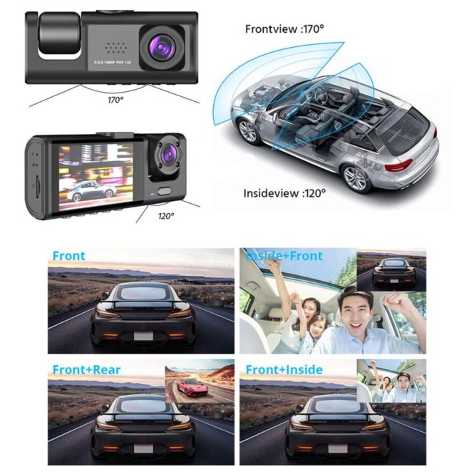 Car DVR | Dash Cam Front and Rear Inside 3 Cameras 1080P+720P+480p Black Car Black