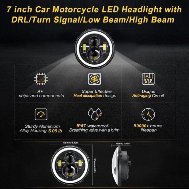 Car Headlights | 140W 7 inch 6000K IP67 Waterproof Car Motorcycle LED Headlight with DRL/Turn Signal/Low Beam/High Beam 1pcs Black Car Headlights Black