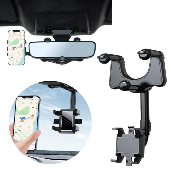 Car Phone Holder | Rearview Mirror Phone Holder for Car Multifunctional Retractable Car Phone Holder 360° Rotatable One-handed Operation Black Car Decorations Black