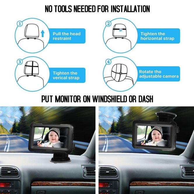 Car Rear View Camera | Baby Car Mirror 1080P Baby Monitor with Camera with 4.3inch IPS Screen Night Vision Function Adjustable Wide View Angle Black Car Alarms & Security Black