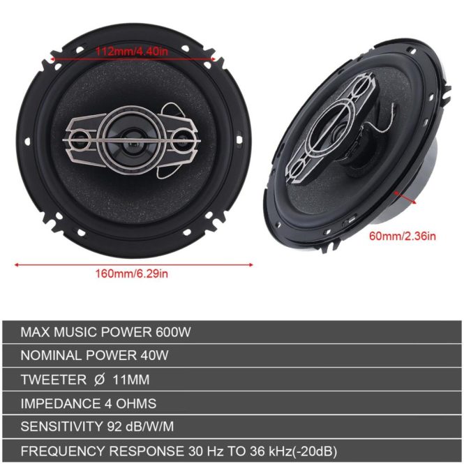 Car Speaker | One Pair 6 Inch Car Stereo Door Speakers 600 Watts Max 4 Way Full Range Audio Tweeters Coaxial Speakers Black Car Audio Black