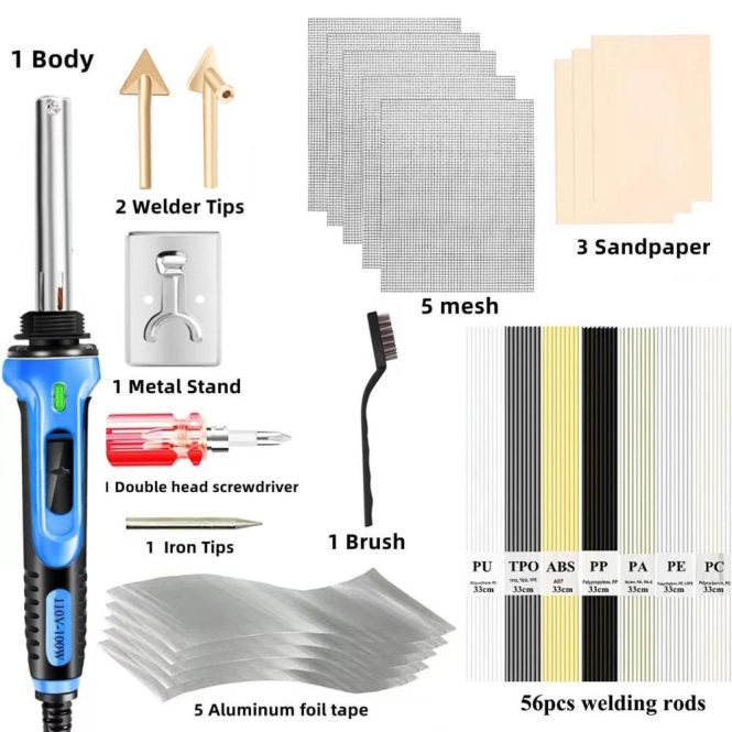 Car Tools | 100W Plastic Welding kit 2-in-1 Plastic Welder and Soldering Iron eu Blue Car Repair & Maintenance Blue