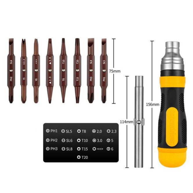 Car Tools | 19-in-1 Ratchet Screwdriver Set Portable S2 Ratcheting Screwdriver Set with Magnetic Tips for Furniture/ Car/ Computer/ Electronics Maintenance Yellow Car Repair & Maintenance Car Tools