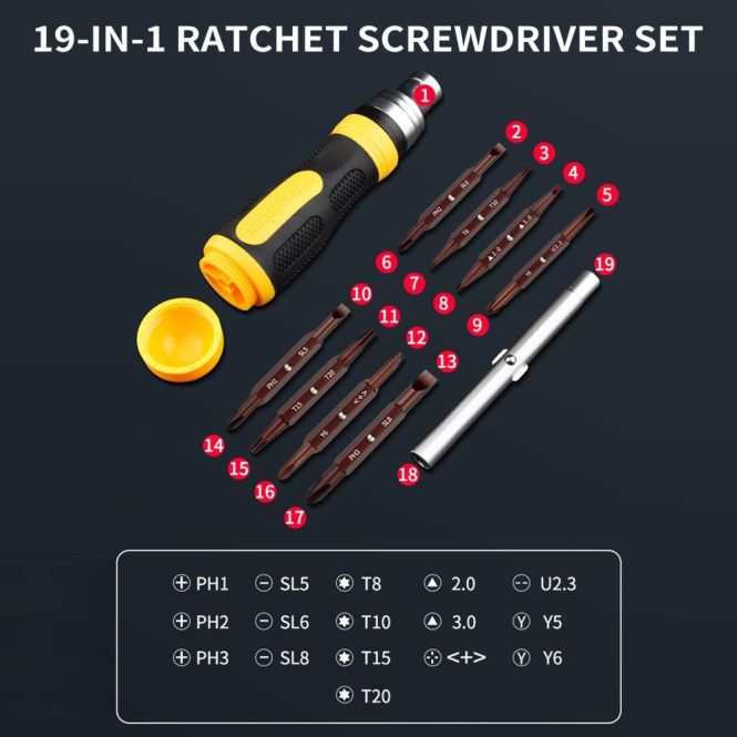 Car Tools | 19-in-1 Ratchet Screwdriver Set Portable S2 Ratcheting Screwdriver Set with Magnetic Tips for Furniture/ Car/ Computer/ Electronics Maintenance Yellow Car Repair & Maintenance Car Tools