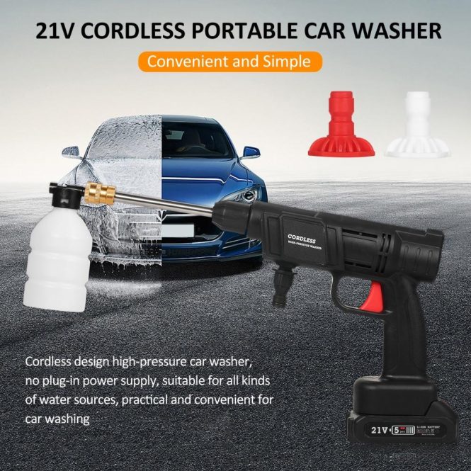 Car Tools | 21V Cordless Portable Car Washer Electric High Pressure Cleaner 24.5Bar Car Washin Cleaning Device with Foam Bottle Nozzles 5m Water Hose (1pc Battery) eu 1pcs Car Repair & Maintenance Car Tools