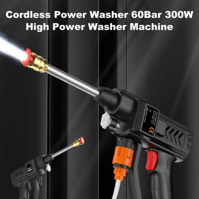 Car Tools | 60Bar 300W High Power Cordless Power Washer with Rechargeable Battery 5in1 Nozzles for Car Fence Floor Cleaning Watering eu Car Repair & Maintenance Car Tools