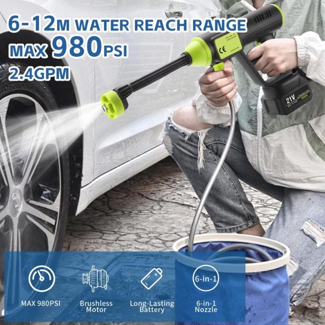 Car Tools | 980PSI Cordless Pressure Washer with 21V Batteries Battery Powered Power Washer eu Green Car Repair & Maintenance Car Tools