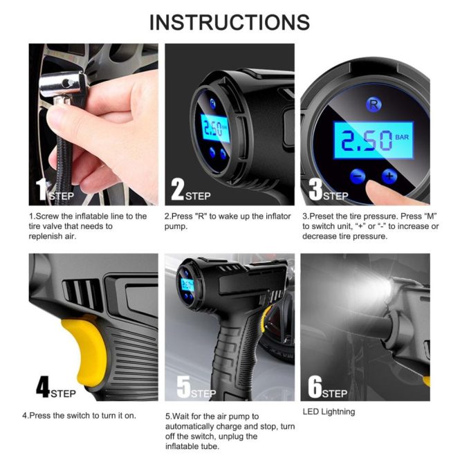 Car Tools | Portable Hand-held Inflatable Pump Wireless Car Air Compressor Rechargeable Tire Inflator with Digital Display LED Light Pressure Gauge Car Accessories Black Car Repair & Maintenance Black