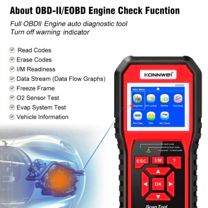 Diagnostic Scan Tool | KW850 OBDII Scanner Auto Code Reader Diagnostic Check Engine Light Scan Tool for OBDII Cars After 1996 Red Car Alarms & Security Diagnostic Scan Tool