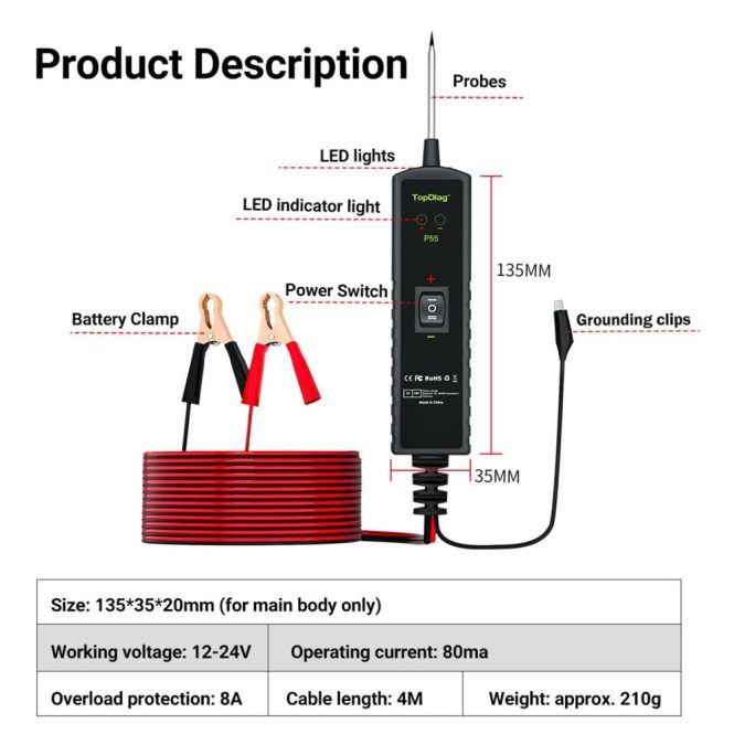 Diagnostic Scan Tool | P55 12-24V DC Automotive Circuit Tester Black Car Alarms & Security Black