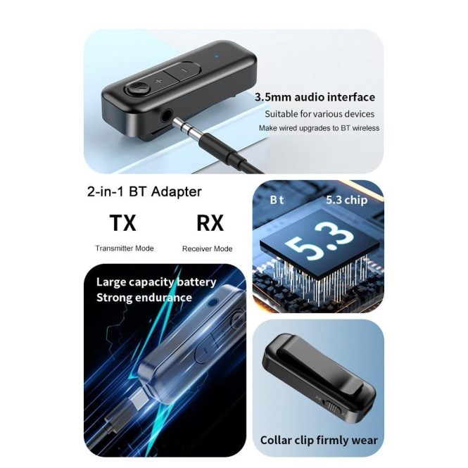 FM Transmitters & Players | BT5.3 Transmitter Receiver 2-in-1 BT Wireless Adapter 3.5mm AUX Stereo Audio Input Output for Car Speaker Headphone TV PC Black Car Audio Black