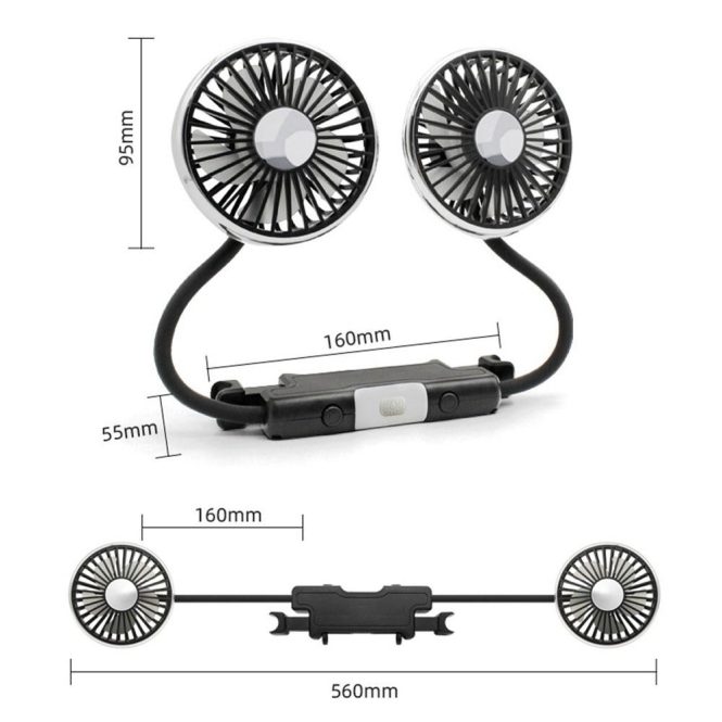 Other Car Gadgets | Dual Head Hose Car Fan 360° Adjustable Car Fan with LED Light for Backseat Low Noise Pure Copper Motor Black Car Electronics Black