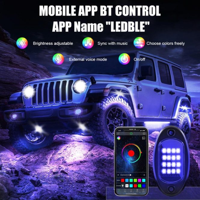 Others Car Lights | RGB LED Rock Lights Multicolor LED Lights Waterproof with APP BT 24 Key Controller Music Function for SUV ATV UTV 4pcs Black Car Lights Black