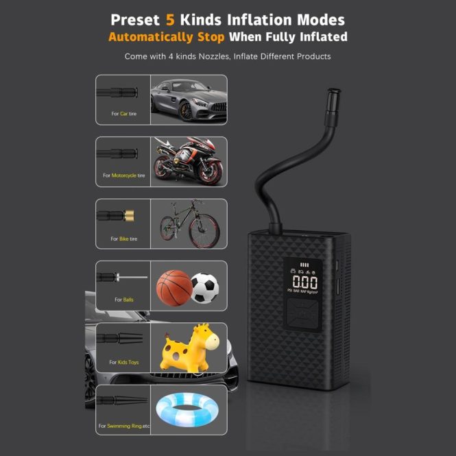 Outdoor Emergency Equipment | Tires Fast Air Pump Tire Inflator Accurate Pressure Digital Display with LED SOS Warning Light Power Bank Function for Car Motorcycle Bicycle Ball Black Car Repair & Maintenance Black